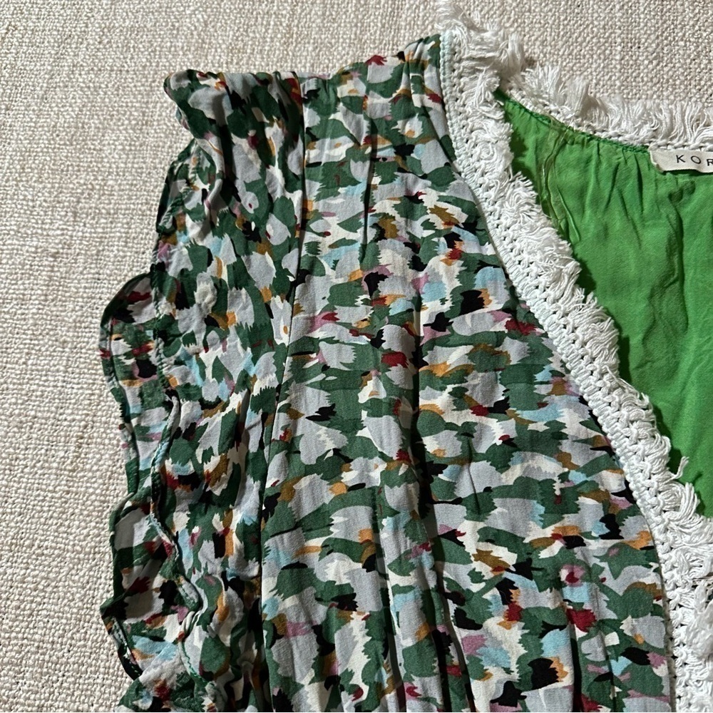 KORI Green Multi Color V-Neck Hi-Li Dress Lined Fringe Lace Flutter Boho Wmn S - Picture 3 of 14